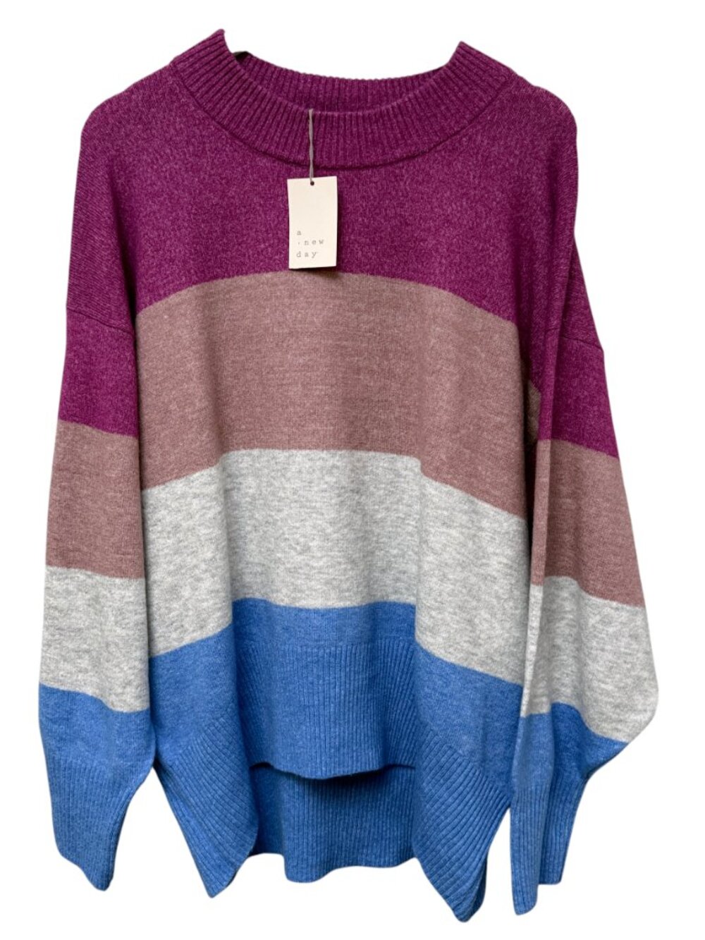 A New Day Womens Sweater XXL Color Block Tunic Pink Blue Strip Knit Pullover NWT